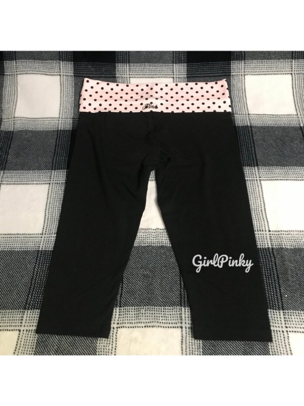 VS PINK ALL DAY COTTON FOLDOVER CAPRI LEGGINGS IN BLACK & PINK TULIP DOT L & XXL
